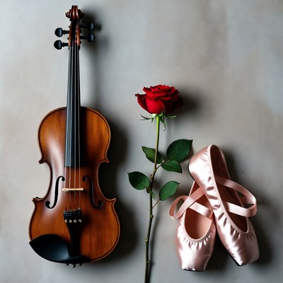 Violin with Red Rose and Pink Ballet Slippers