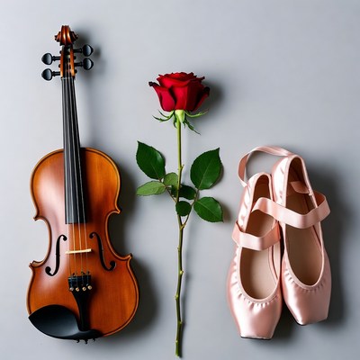 Violin, Red Rose, Pink Ballet Slippers