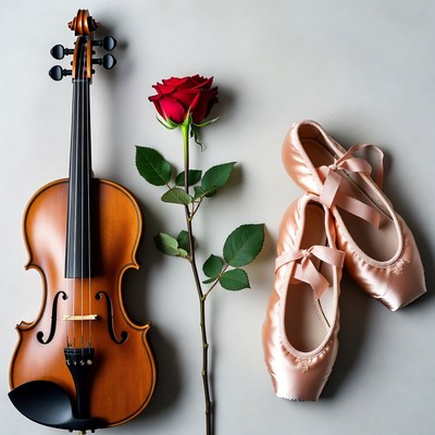 Violin with Red Rose and Ballet Shoes