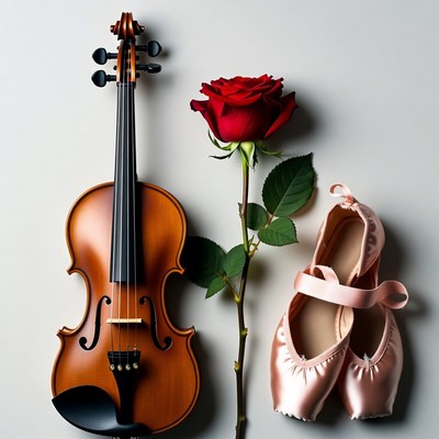 Violin with Red Rose and Ballet Shoes