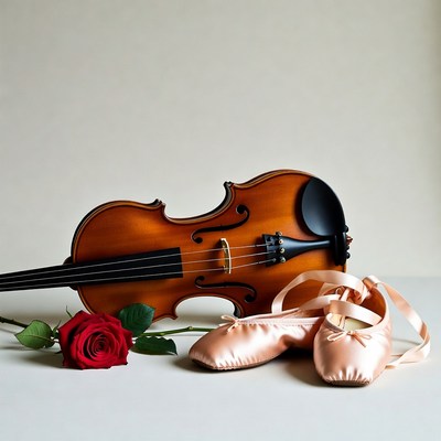 Violin with Ballet Slippers and Red Rose