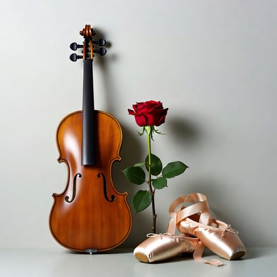 Violin with Red Rose and Ballet Slippers