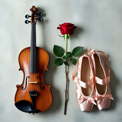 Violin with Red Rose and Pink Ballet Slippers