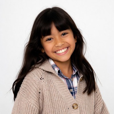 Asian girl smiling in cardigan