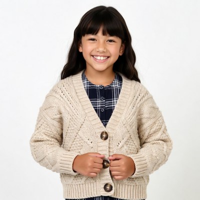 Asian girl smiling in knit cardigan