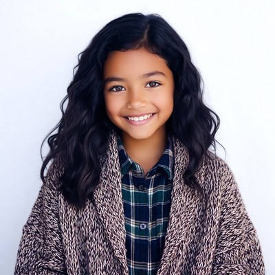 Smiling Asian girl in plaid shirt