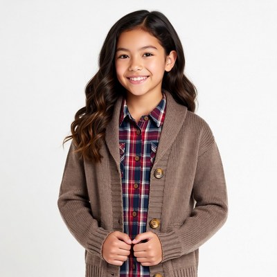 Asian girl smiling in plaid shirt