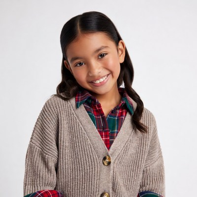 Asian girl smiling in cardigan