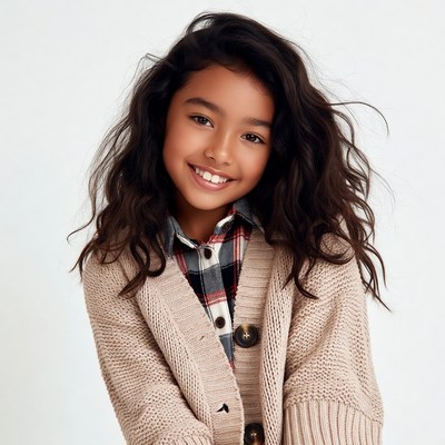 Smiling mixed-race girl in plaid shirt