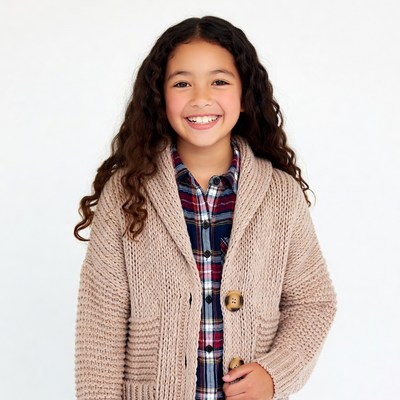 Smiling mixed-race girl in cardigan