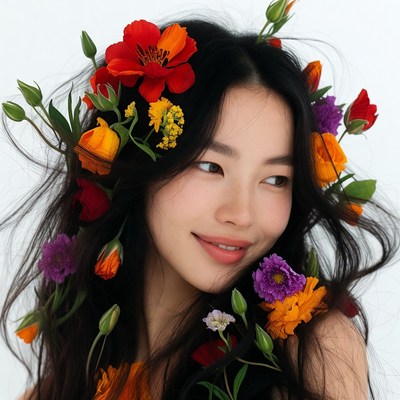 Asian woman with colorful flower crown