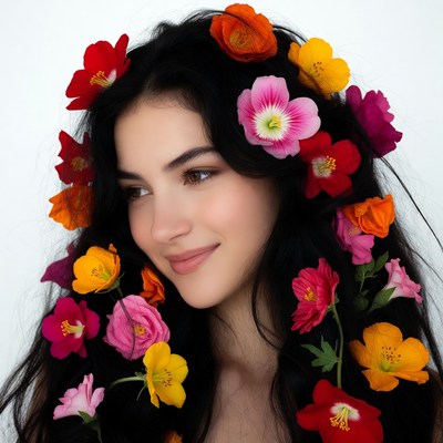 Woman with colorful flowers in black hair