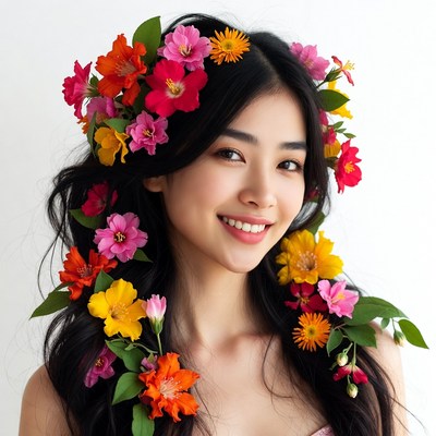 Asian woman with colorful flower crown