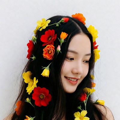 Asian woman with colorful flower crown