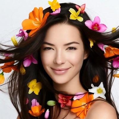 Asian woman with colorful hibiscus flowers