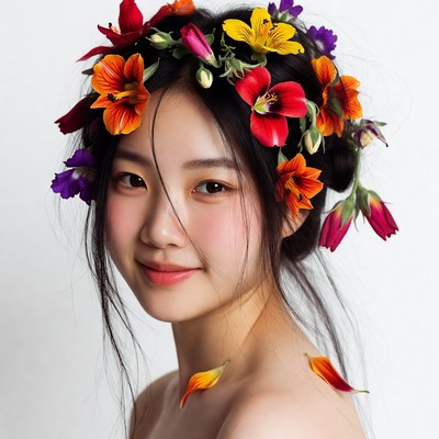 Asian woman wearing vibrant flower crown