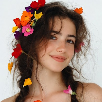 Woman with colorful flower headpiece
