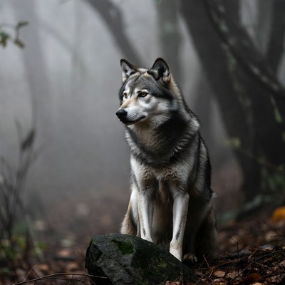 Wolf sitting on rock in misty forest