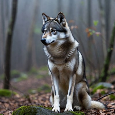 Gray Wolf Sitting in Foggy Forest