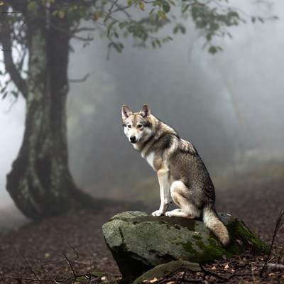 Wolf sitting on rock in foggy forest