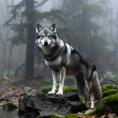 Gray Wolf Standing on Mossy Rock