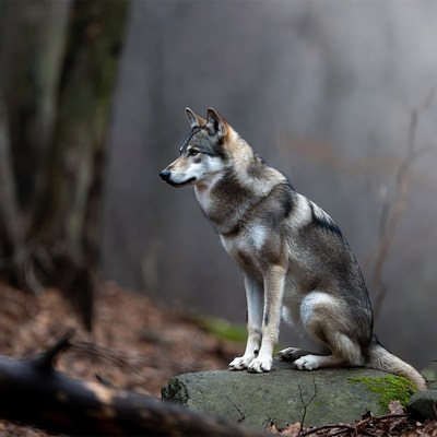 Gray wolf sitting on rock