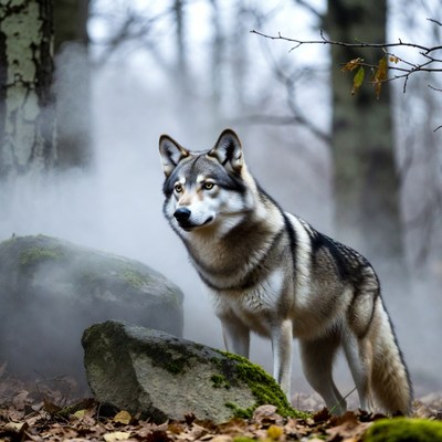 Gray Wolf in Misty Forest