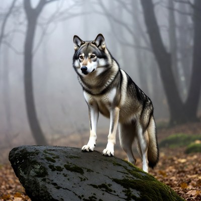 Wolf standing on rock in foggy forest