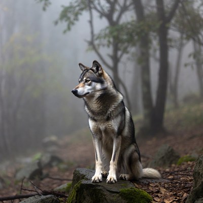 Siberian Husky sitting in misty forest