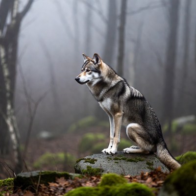 Wolf sitting on mossy rock in foggy forest