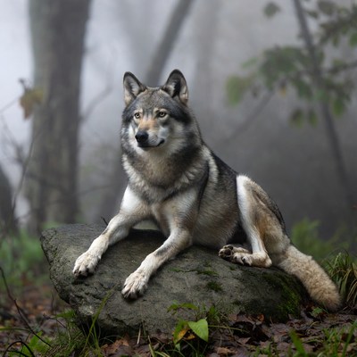 Gray wolf sitting on rock in foggy forest