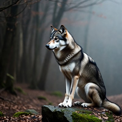 Siberian Husky sitting on rock in foggy forest