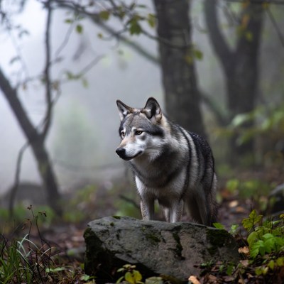 Gray Wolf Standing on Rock in Foggy Forest