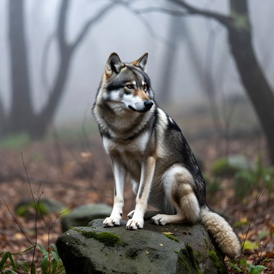 Siberian Husky sitting on rock in foggy forest