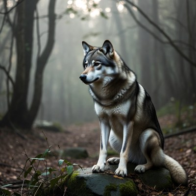 Wolf sitting on rock in misty forest