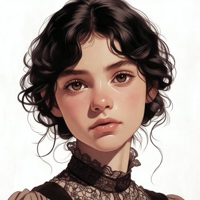 Portrait of young woman with black curly hair