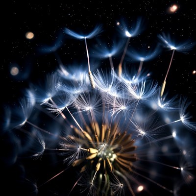 Glowing Blue Dandelion Seeds on Black