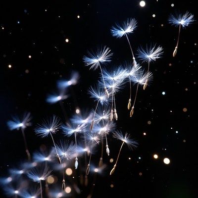 Glowing dandelion seeds on black background