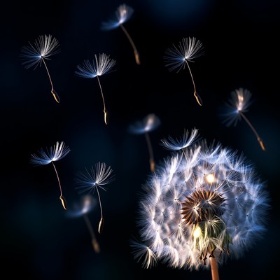 Floating Dandelion Seeds on Dark Background