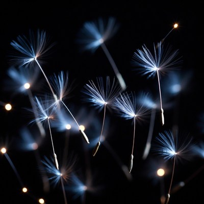 Glowing Blue Dandelion Seeds Floating