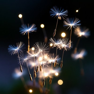 Glowing Dandelion Seeds on Dark Background