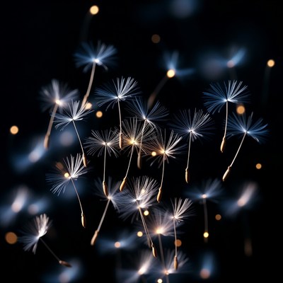 Floating Dandelion Seeds on Black Background