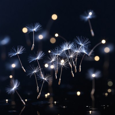Glowing dandelion seeds floating
