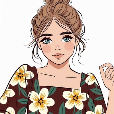 Woman with bun hairstyle in floral dress