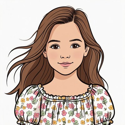 Smiling girl in floral dress illustration