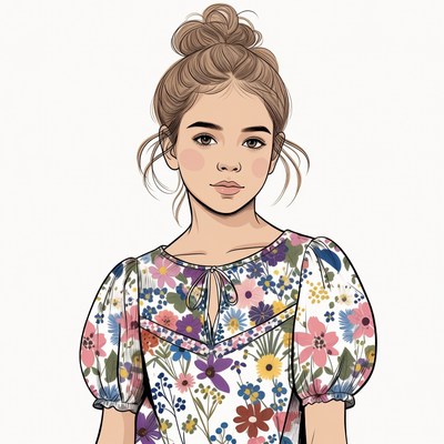 Girl in floral dress with bun hairstyle