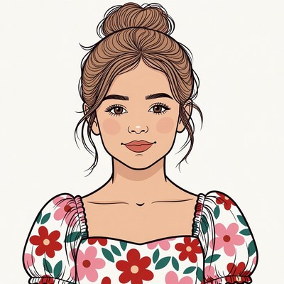 Girl with bun hairstyle in floral top