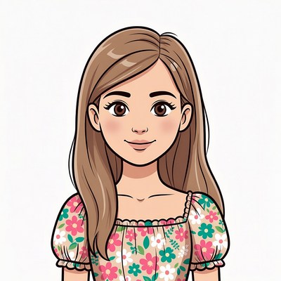 Smiling girl in floral dress illustration