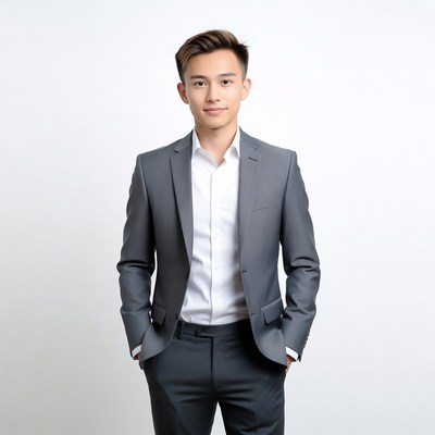 Young Asian man in gray suit