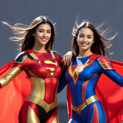 Two women as Supergirl and Wonder Woman
